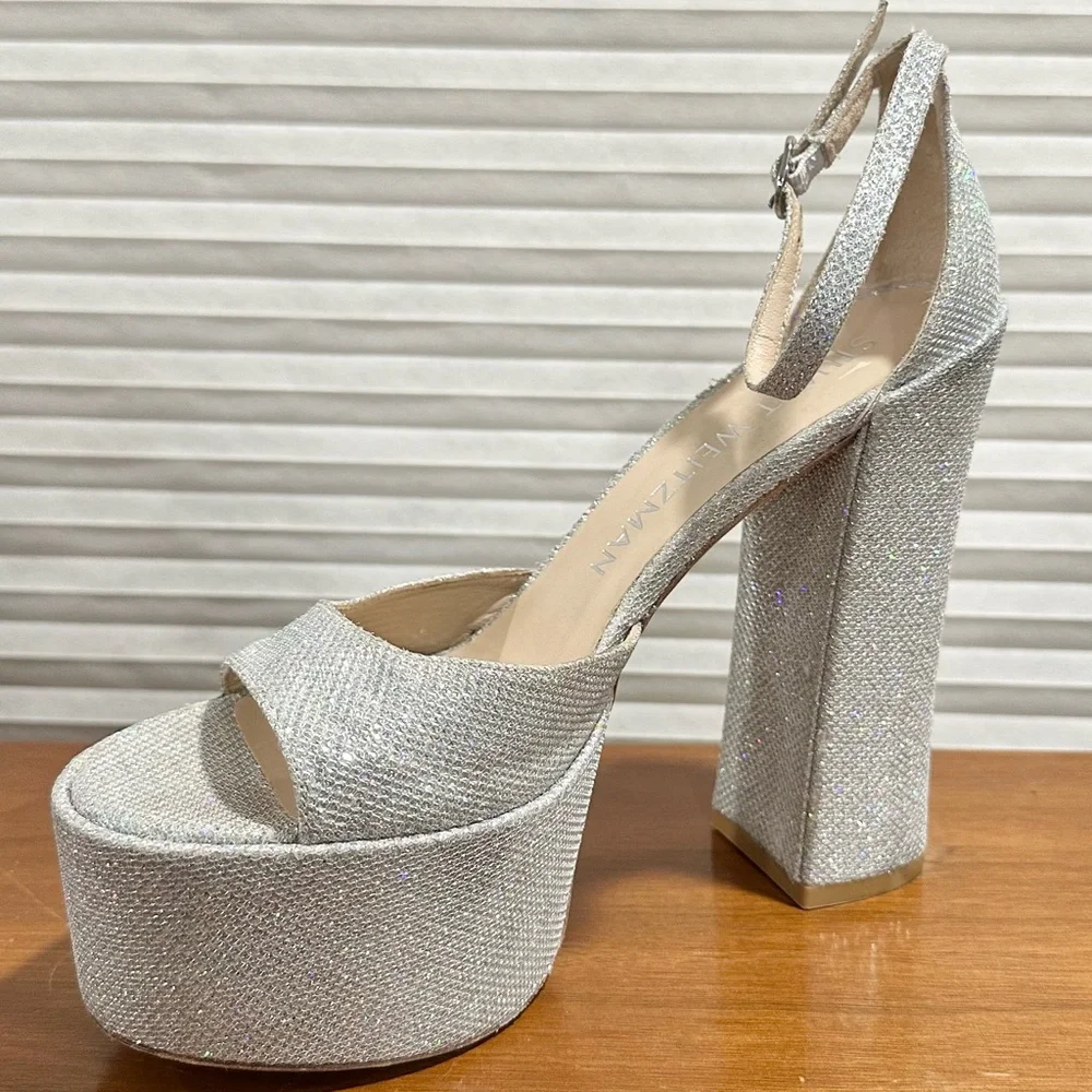 🌹STUART WEITZMAN🌹 Skyhigh 145 Silver Platform Sandal Heel Size: 10